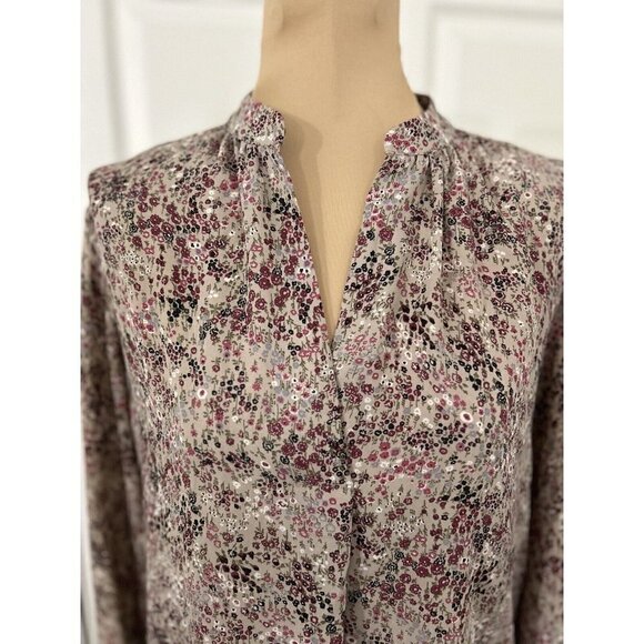 LOFT Floral Semi Sheer V-Neck Popover Long Sleeve Relaxed Fit Top Beige Size XS - Picture 2 of 8